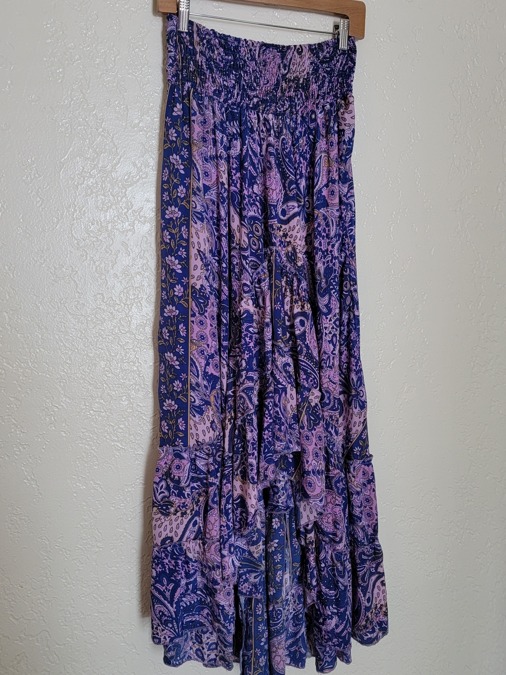 Evez Silk Lavender and Navy Paisley Tiered Maxi Skirt with Shirred Waist